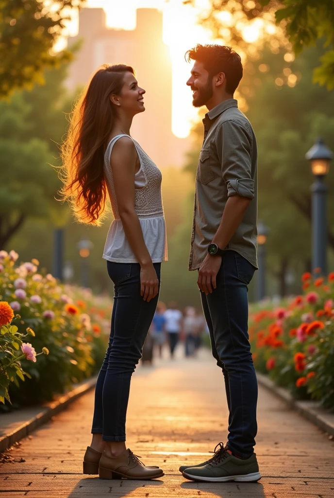 A tall woman, a very short man.