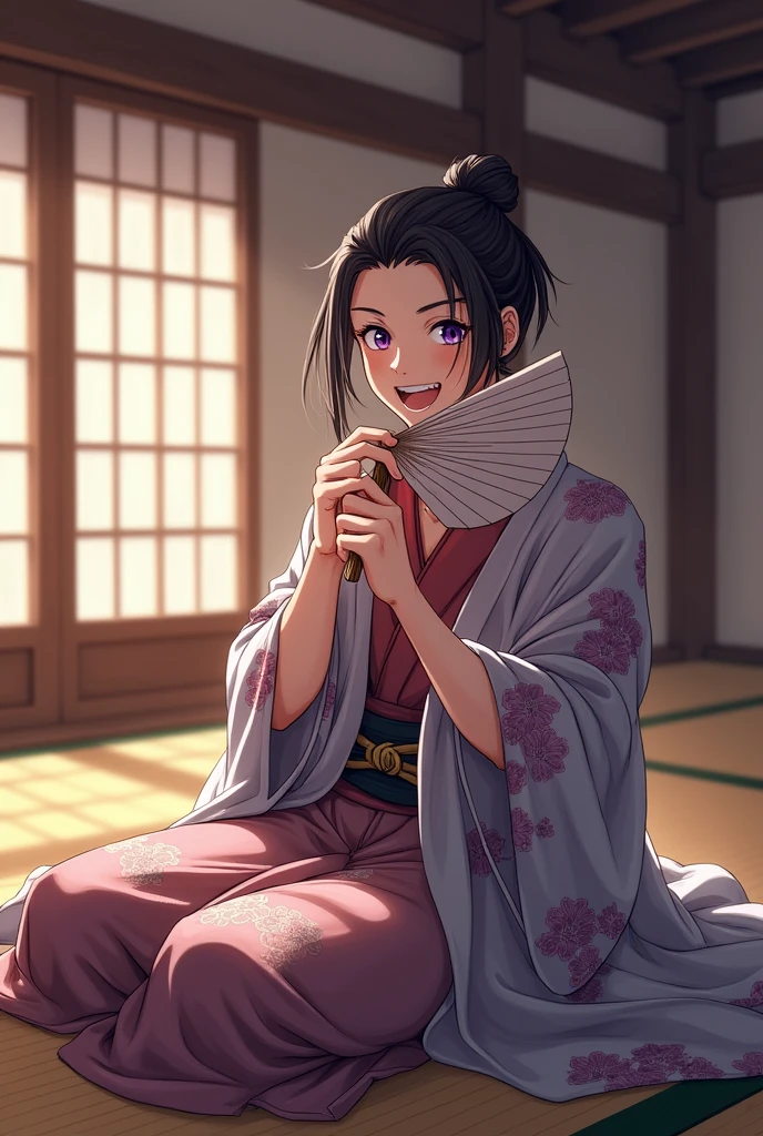 Drawing of a young man with long hair slicked back bun , slim body, masculine face purple eyes, wearing gojo robe , scene in an old Japanese house, sitting and holding a fan, covering his mouth and laughing