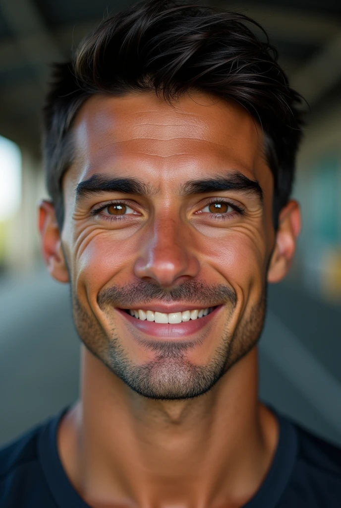 photorealism, ultrarealism, 8k, super detailed, a very handsome man 30 years old, square shaped face, brown eyes, thick eyebrows, bristle, a scar on the left brow, thick eye lashes, seductive glance, seductive smile, wide cheekbones, straight nose with wide nostrils, thin upper lip, thick lower lip, very short dark hair, dimples, sportsman, 
