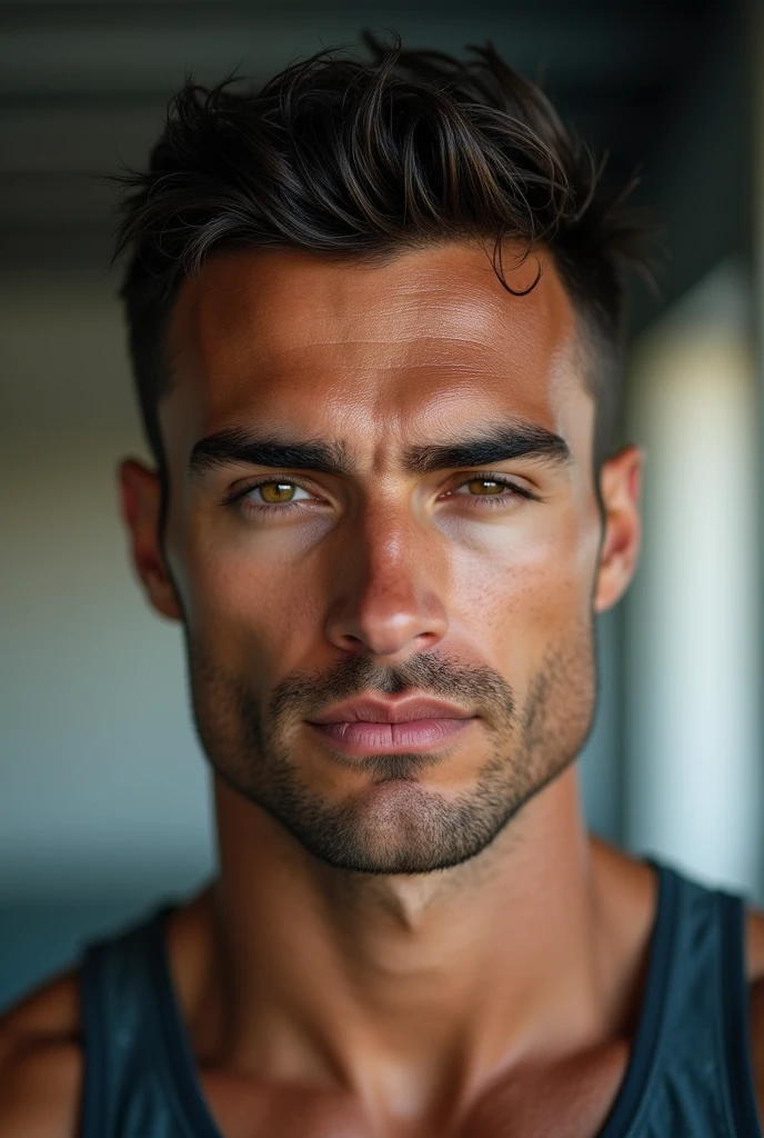photorealism, ultrarealism, 8k, super detailed, a very handsome man 30 years old, square shaped face, brown eyes, thick eyebrows, bristle, a scar on the left brow, thick eye lashes, seductive glance, seductive smile, wide cheekbones, straight nose with wide nostrils, thin upper lip, thick lower lip, very short dark hair, dimples, sportsman,