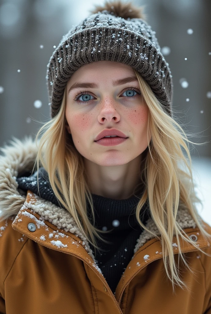 a photo of an Exquisitely beautiful white skin woman with messy blonde hair, 20 yo, (tomboy), (wearing Carhartt work coat, and beanie), eye focus, (highly detailed skin), clothed, standing outside on cold winter day, Athletic physique, voluptuous breasts, bare breasts, (a small breast tattoo:1.4), plump ass, perfect face, alluring eyes, perfect iris, (makeup), skin pores, (very light freckles:0.4), (nose piercing:0.6), film grain, photographed on a Canon EOS 5D, ((full body))