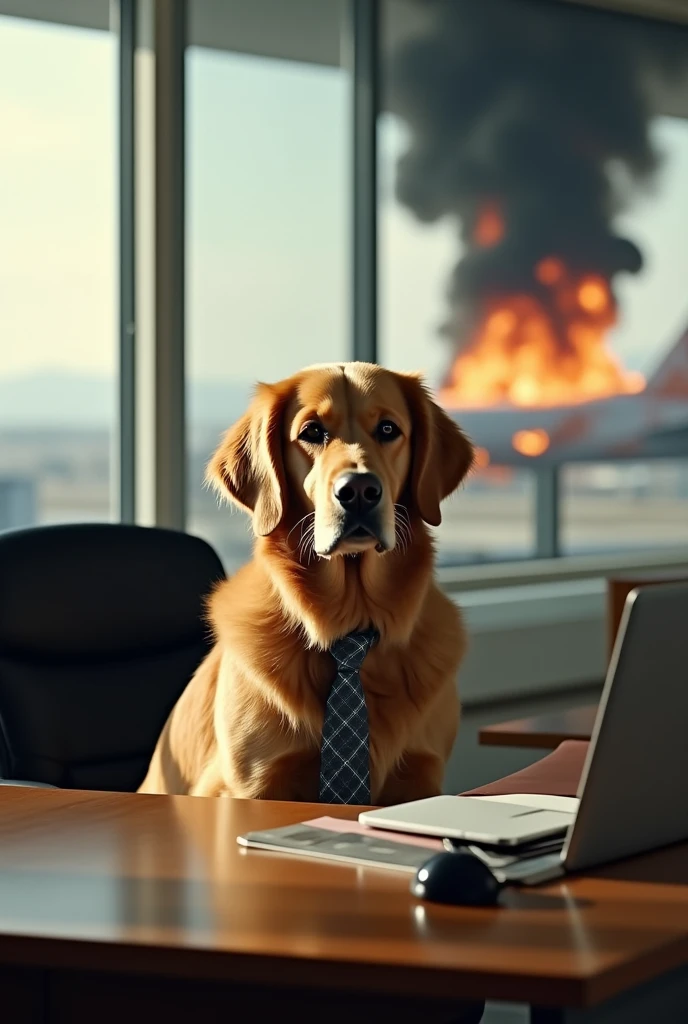Dog sitting in office while a plane catches fire in the background. The hair is a Golden with a tie
