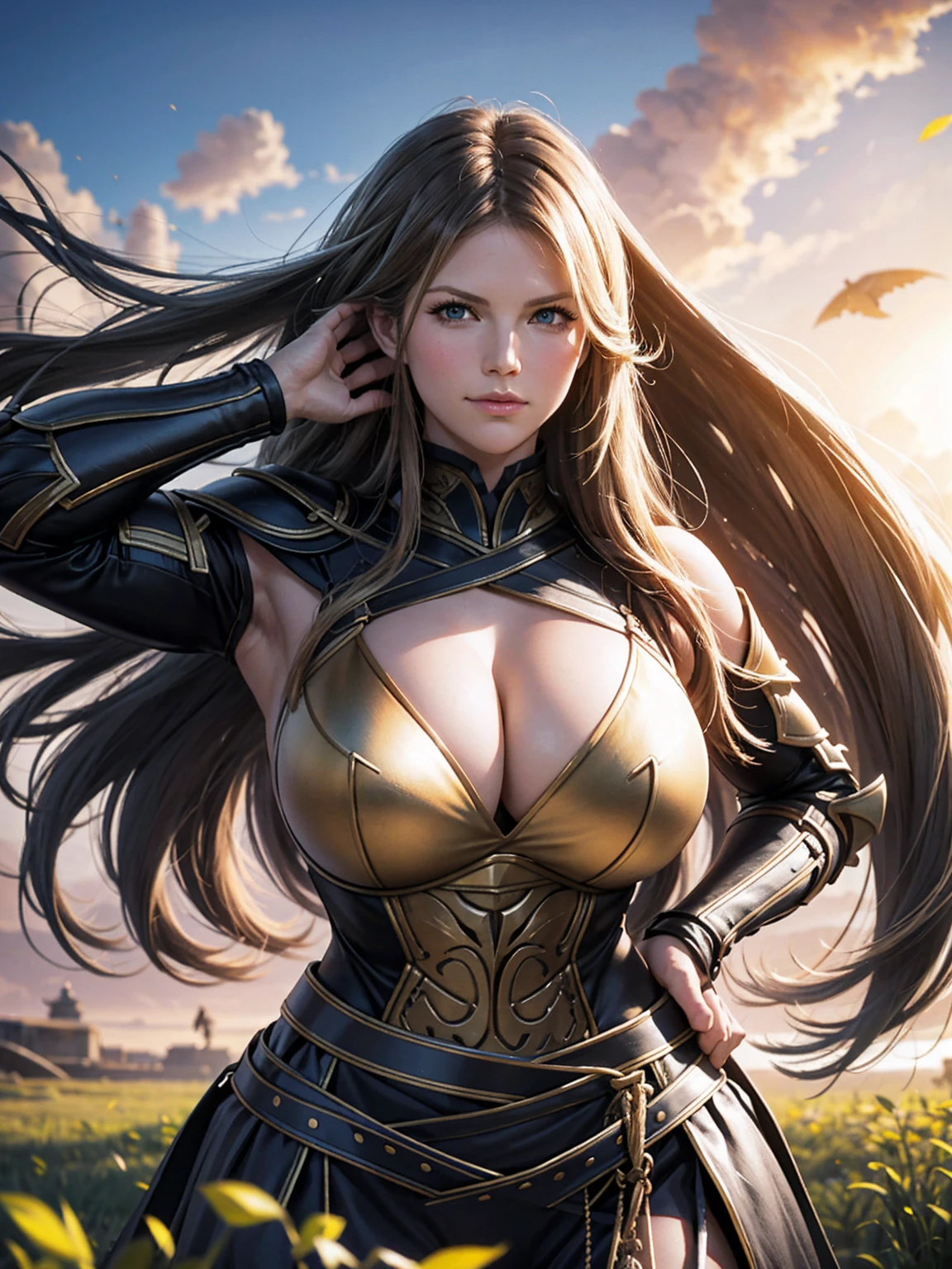 Ali Larter, (ancient armor:1.2), metal skirt, fluttering hair, long wavy hair, long curl hair, thick thighs, muscle, (upper body from below:1.2), blush, gentle smile, hands on hip, in grassland, sunrise