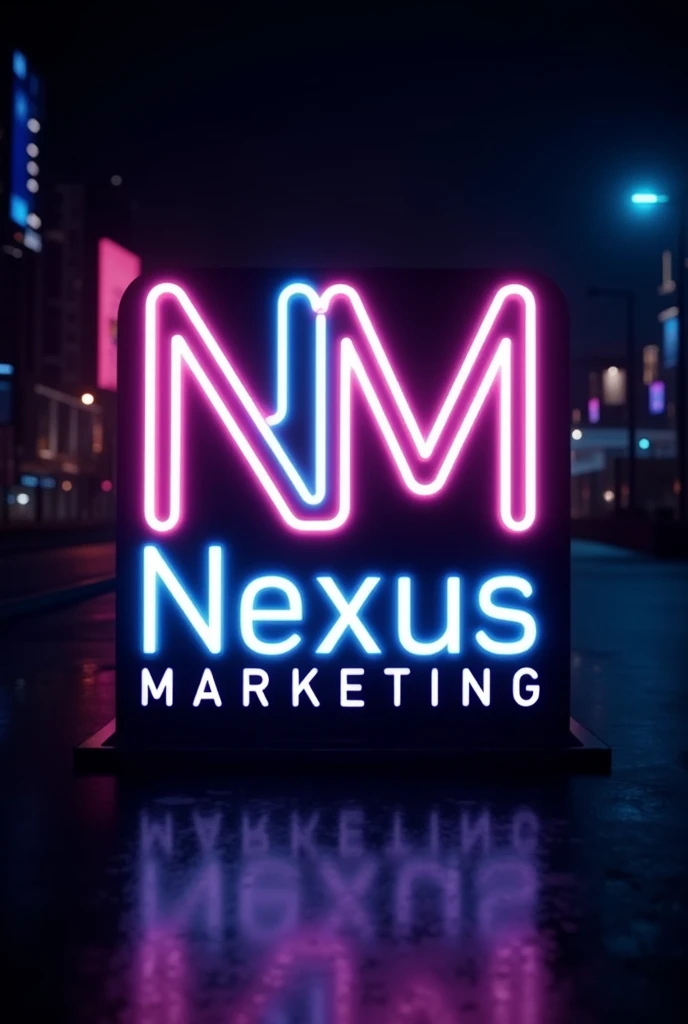 Create a logo with the letters NM, writing Nexus Marketing, using neon and black colors.