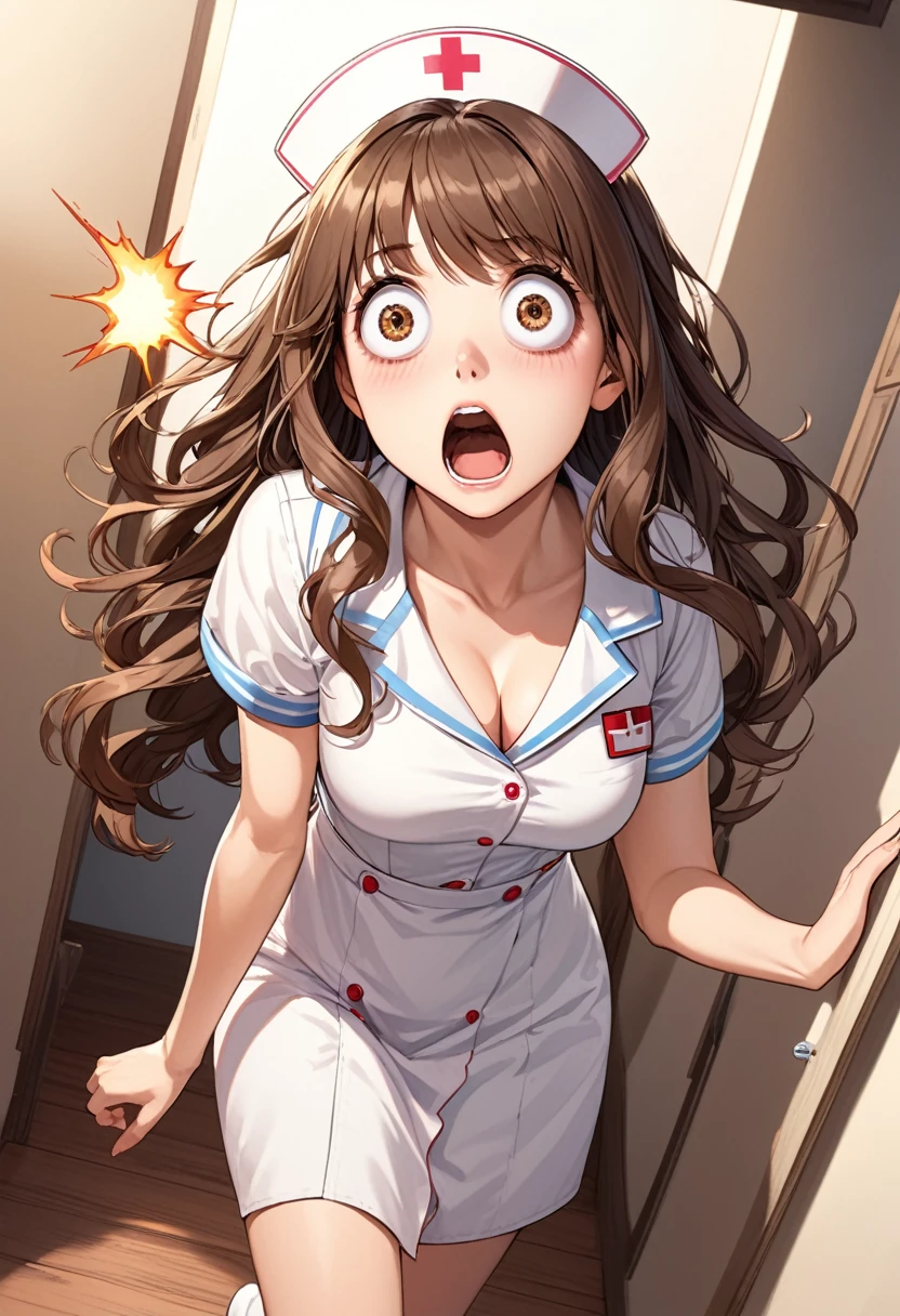 detailed illustration, dynamic angle, ultra-detailed, illustration, 1girl, 18 year old, school girl, nurse outfit, cleavage, wavy brown hair, long hair, bright brown eyes, cleavage, medium breasts, wide eyes, shock, surprised, shocked eyes, gasping, confused, walking into bedroom,