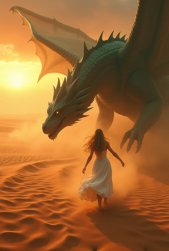 A pure woman running desperately through the desert, chased by a terrifying dragon-like beast.