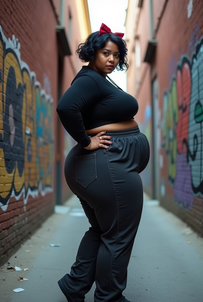 woman in baggy pants bending over, big booty, curvy ,accentuated booty, bending over, full length view, side shot, uhd candid photo of dirty, insanely inflated hips, somewhat bent over, taken from side, view from the side, thick, seen from side, thick thigs, photo taken from side ,1girl, (black hair, short hair, wavy hair, thick eyelashes, red bow, black tight shirt, baggy pants), huge breasts, round ass, thick thighs, wide hips,no belly fat,slim waist