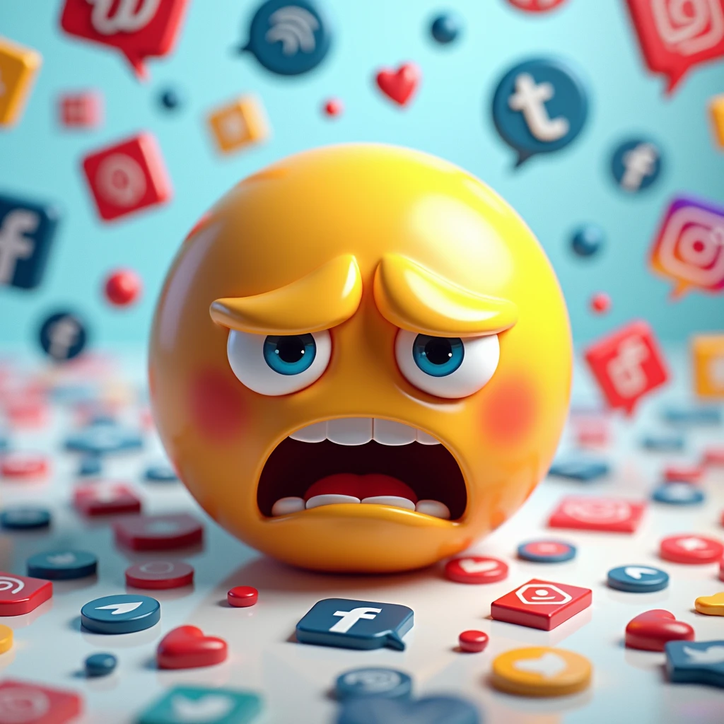 A 3d emoji, with a strested face, social networks background transparent, illustration, 3d render