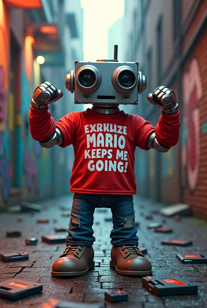 a robot with a  mini split condenser as head  with a muscular body wearing a shirt that says Mario keeps me going!