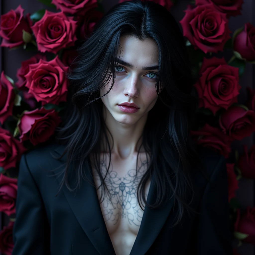 Male, sexy, long black hair, teal blue eyes, young, gothic, delicate features, no facial hair, no body hair, seductive, white and pale. Roses. Sexy pose. Purple and black. 