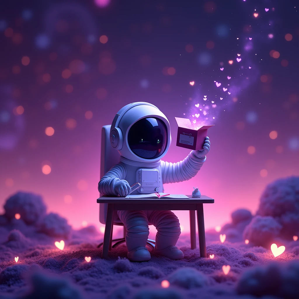  A little human astronaut avatar of a photographer wearing headphones is sitting at a desk front pose with a tripod stand placed in front of him of matching his  height. He is taking a photo of himself while holding an open box in his other hand, from which hearts and likes are floating out. in galaxy with purple gardient background