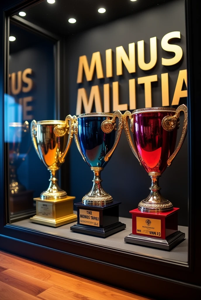 Realistic image of 3 trophies of different colors displayed in a showcase in a room with the text Minus Militia as the main decoration 