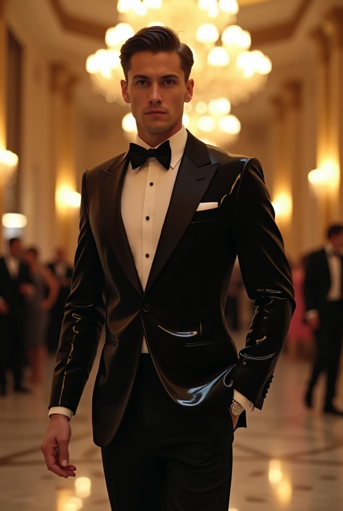 Black shiny suit and bowtie