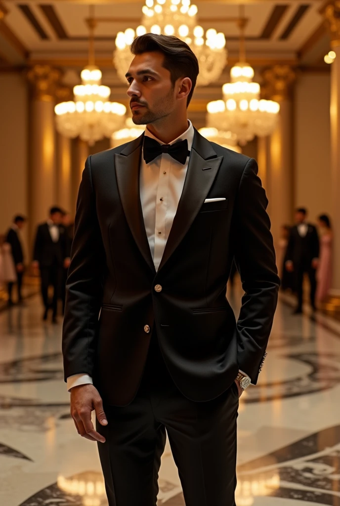 Black shiny suit and bowtie