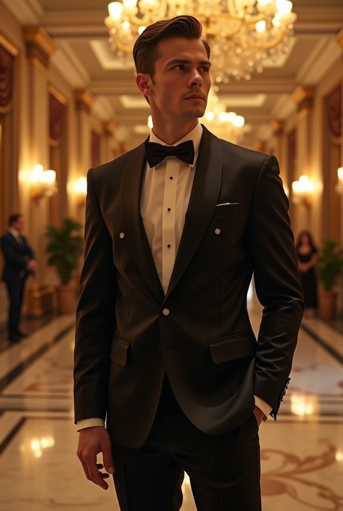 Black shiny suit and bowtie