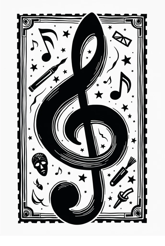 Create a logo that combines the symbols of literature, music, painting, theater, cinema and architecture
stamp 
black and white
Combination of treble clef and profile cell of the screaming man
Combination of treble clef and pen