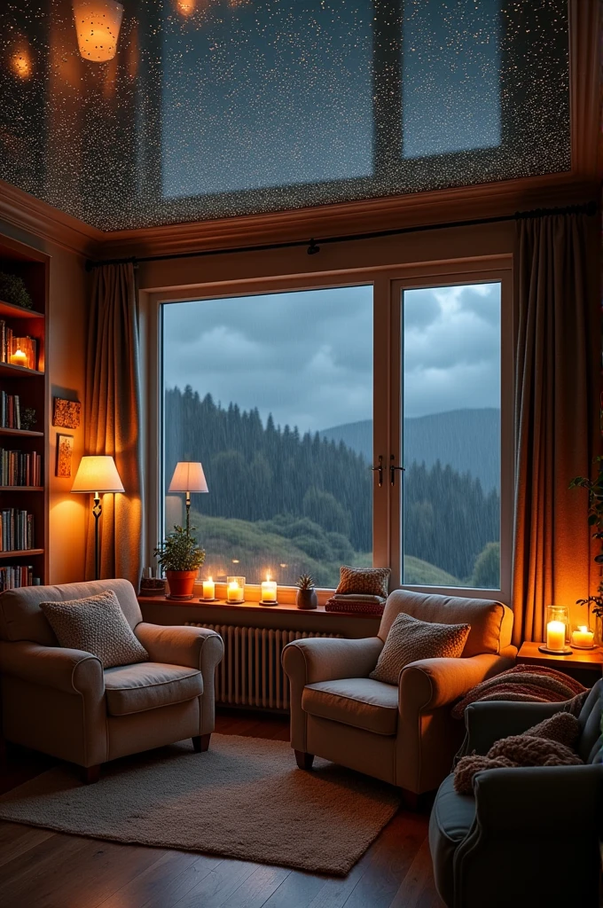 Make a raining in a room sky is dark and environment is cozy