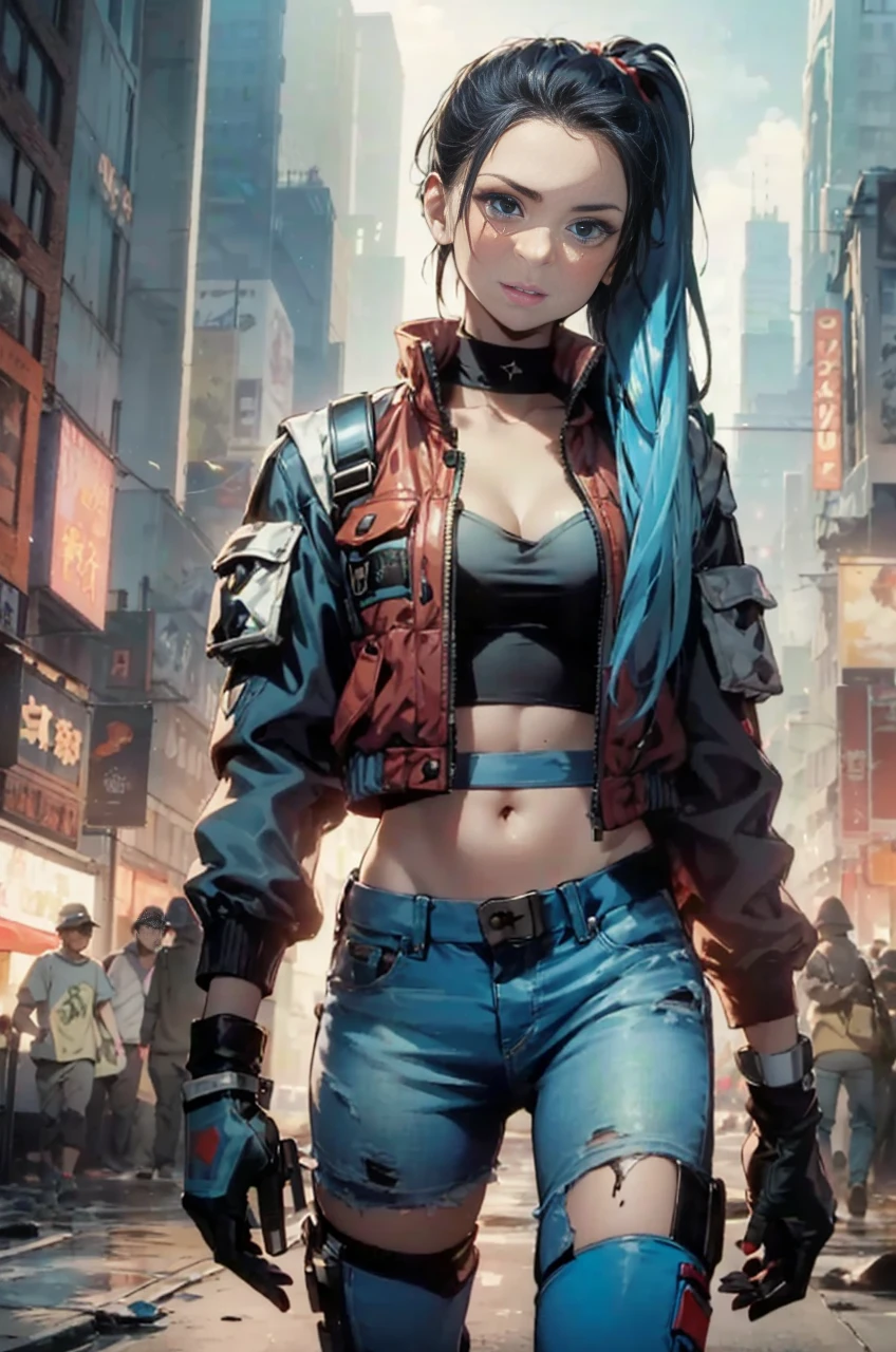 front camera. A girl stands in front in a militant and confident pose with a pistol in her hands. the gun shoots light. the girl is slender, toned figure, hair in one ponytail, bright blue eyes and blue hair. clothes in red, blue, white and black colors. The girl is wearing tight jeans and a short jacket, with a top underneath. against the backdrop of New York during the apocalypse. black sludge destroys people behind. orange theme. next to the girl there are red, white, black, blue lights in the air., city, full body, pov, from above , dynamic pose, horror