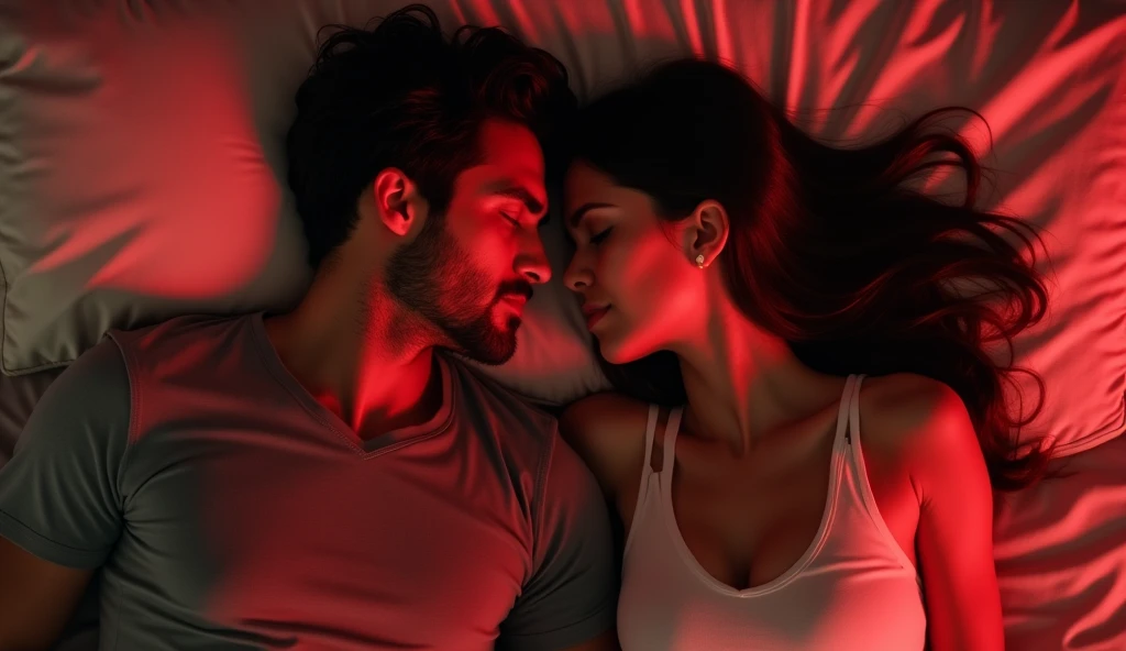 Image: of the couple 
 Man and Woman, both lying side by side, eyes closed, breathing heavily, with a feeling of calm and accomplishment in the room. low red lighting