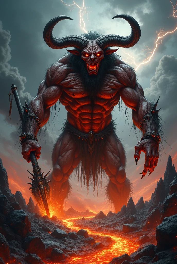 A demonic minotaur with lava running through its body, showing signs of decomposition, wielding a halberd.