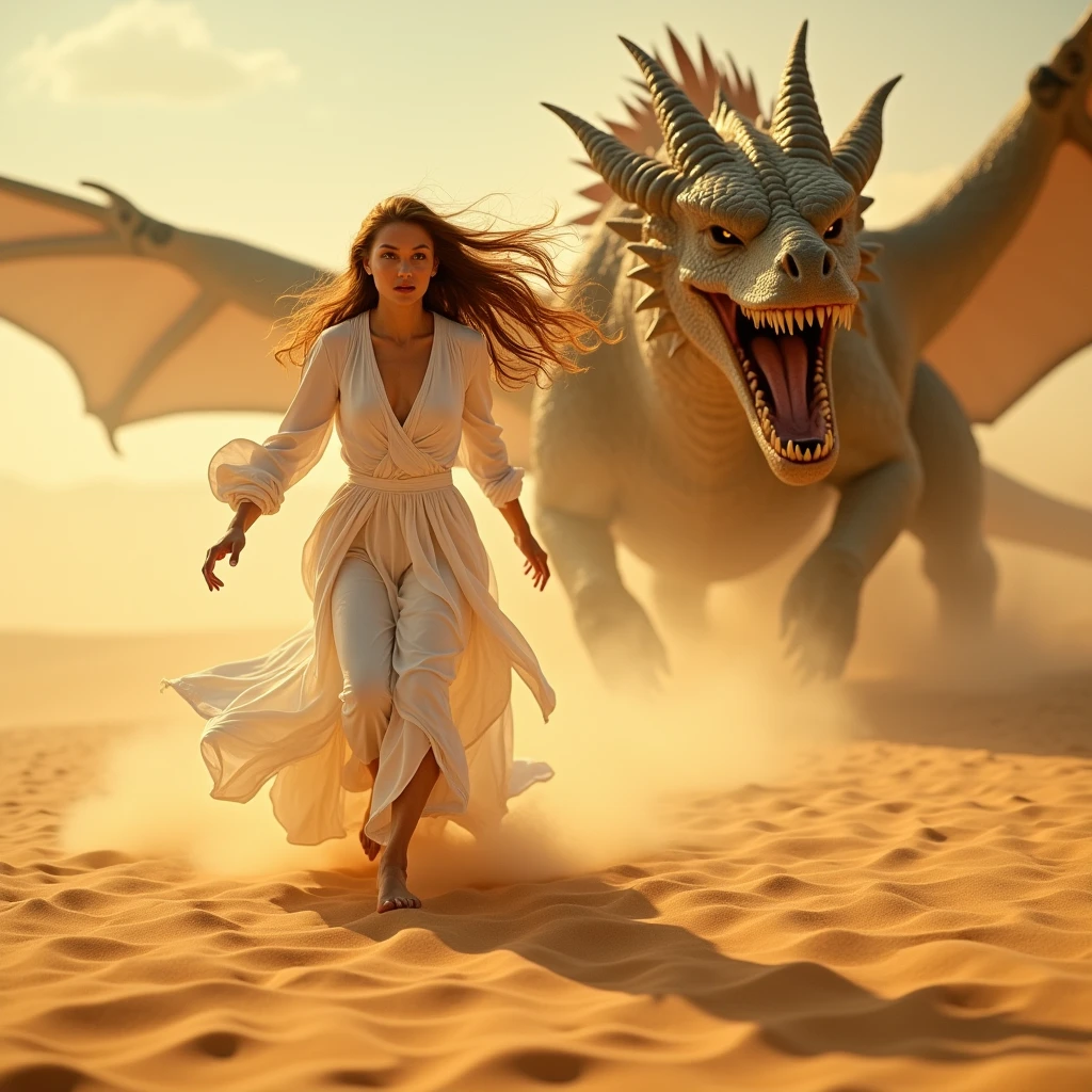 A pure woman running desperately through the desert, chased by a terrifying dragon-like beast.