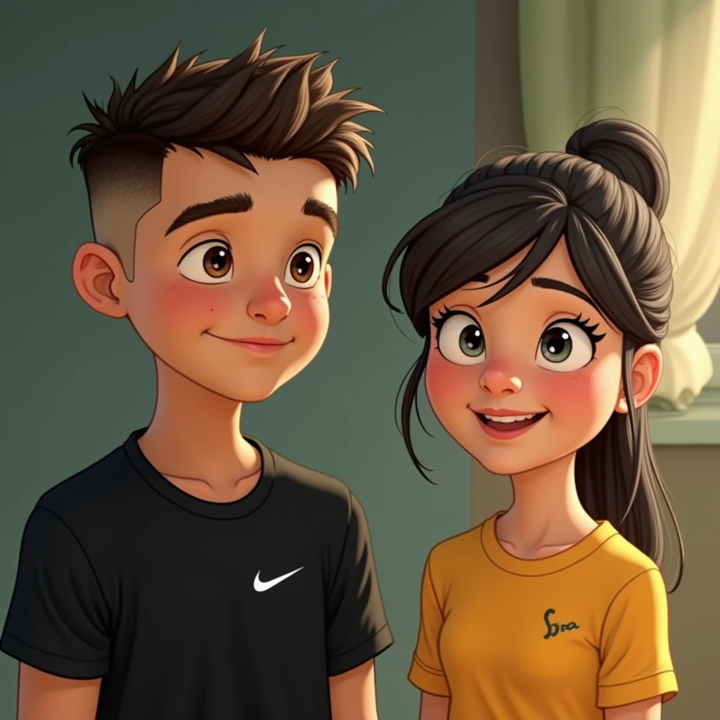 Disney A teenage boy with white skin color, Aquiline nose, thick lips, low taper fade with a mid fade textured haircut, wearing a black Nike shirt. 

A teenage girl with her hair tied up and bangs., Disney mustard yellow shirt
