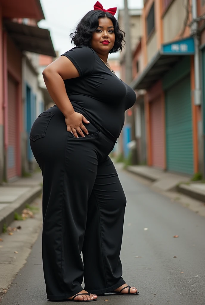 woman in baggy pants bending over, big booty, curvy ,accentuated booty, bending over, full length view, side shot, uhd candid photo of dirty, insanely inflated hips, somewhat bent over, taken from side, view from the side, thick, seen from side, thick thigs, photo taken from side ,1girl, (black hair, short hair, wavy hair, thick eyelashes, red bow, black tight shirt, baggy pants), huge breasts, round ass, thick thighs, wide hips,no belly fat,slim waist