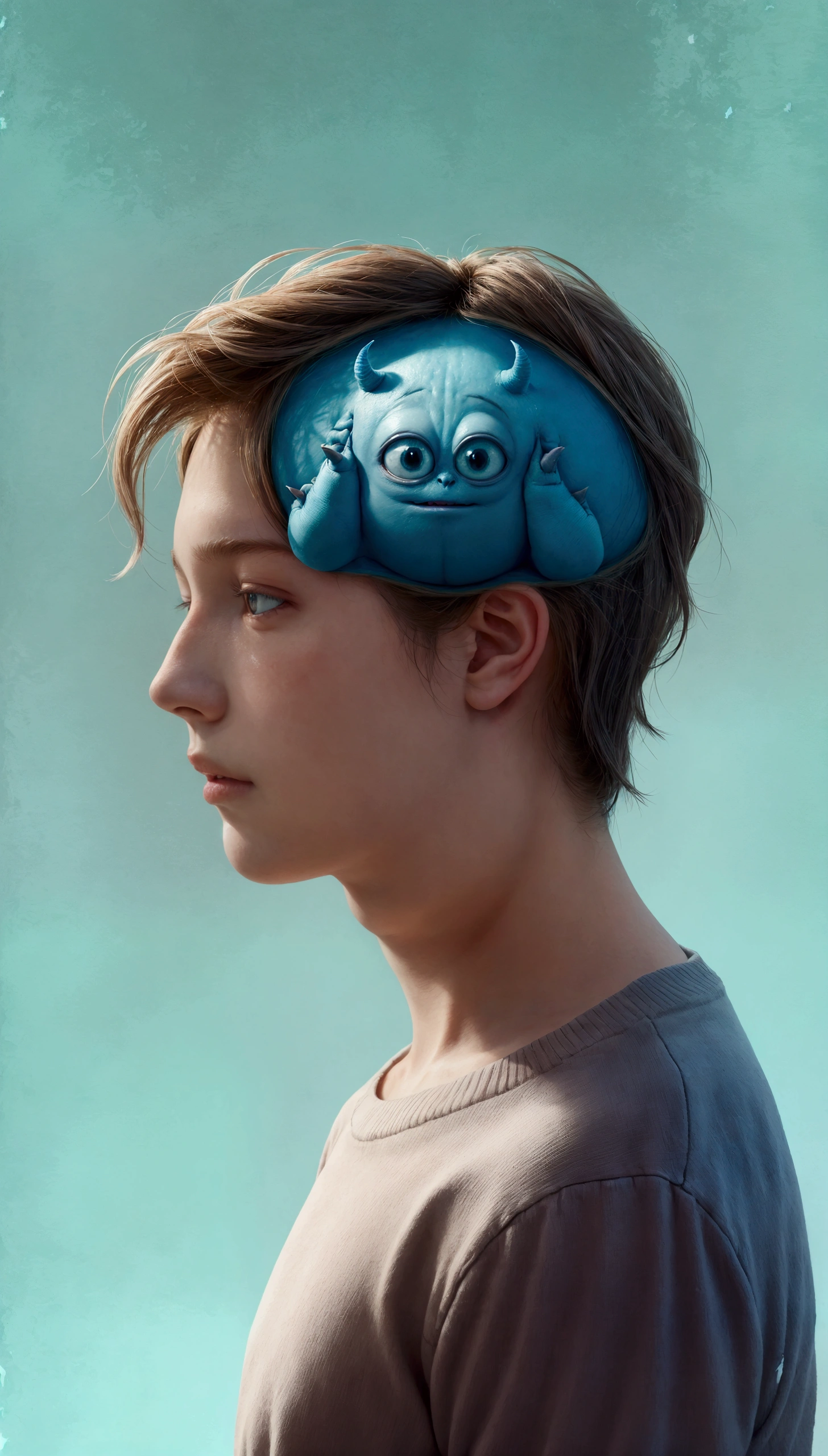 A realistic and gentle illustration featuring a real person with a small, cute monster inside their head, symbolizing anxiety. The person is a young adult, with a calm and relaxed expression, as if in control. The monster, slightly cartoonish but still realistic, is soft, non-threatening, and has a slightly worried look. The image is vertical and shows the person from the shoulders up, with the monster inside the head, which is semi-transparent. The background is calming, with soft blues and greens, giving a peaceful and serene atmosphere. The overall feel is one of understanding, peace, and balance between the person and their anxiety.