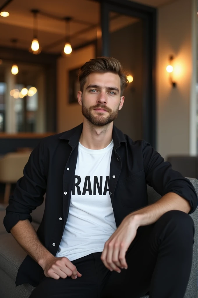 A 19-year-old young man with a light beard on his face is sitting indoors in style. He is wearing a black shirt and a white t-shirt inside the shirt with Rana written in the middle and wearing black pants.