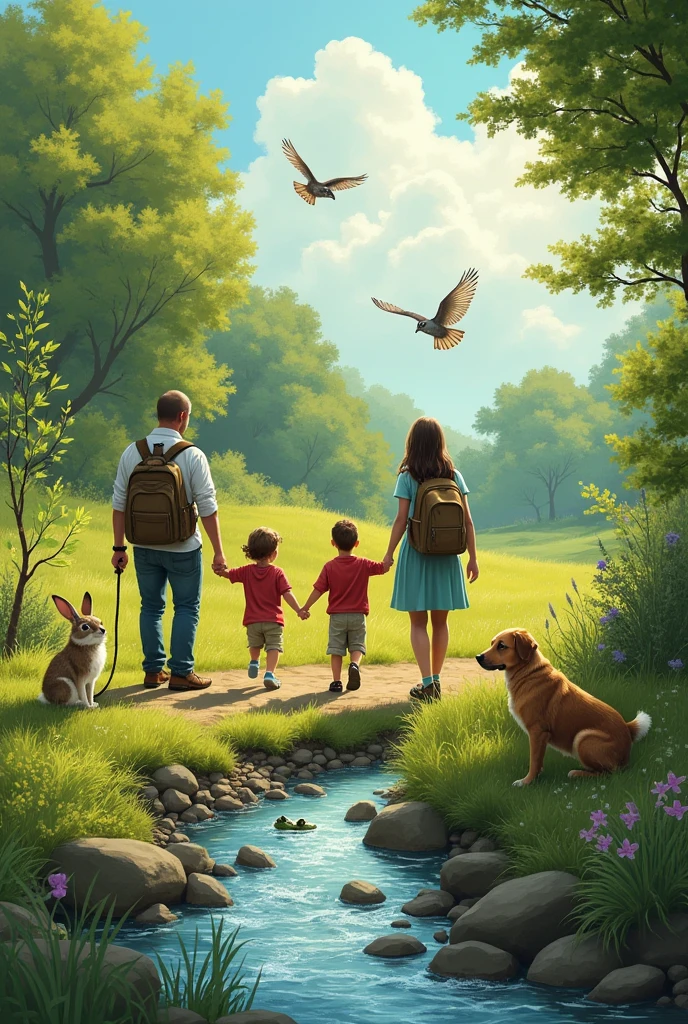 La photo représente l’intégralité des interactions
Hommes : Public (Papa, Maman, Enfants) et acteur professionnel (Agri, Guide, ou autres)
Animaux : Animal domestique et Faunes Sauvages
Environement : Terre et Eau
L’idée :
- une famille qui se promène avec un chien en laisse et qui écoute un guide qui explique
- on peut mettre un petit lapin dans un buisson qui semble écouter le guide
- dans le ciel il y a 1 ou 2 oiseaux spécifiques (ou 1 hiboux qui semble également écouté)
- le tout dans un paysage verdoyant avec un court d’eau qui passe (éventuellement une grenouille et un poisson qui cohabite ) mais le tout doit se trouver quand même dans dans un sentier balisé pour montrer que personne ne diivague