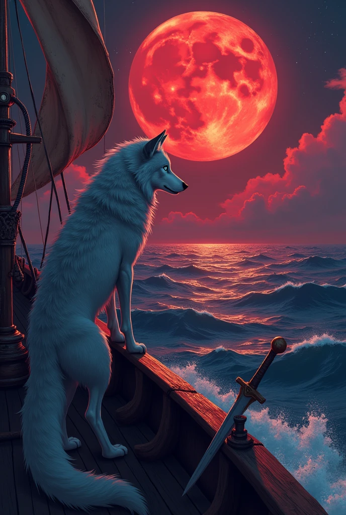 a wolf in anime style look at the red moon while he is on a pirate boat alone