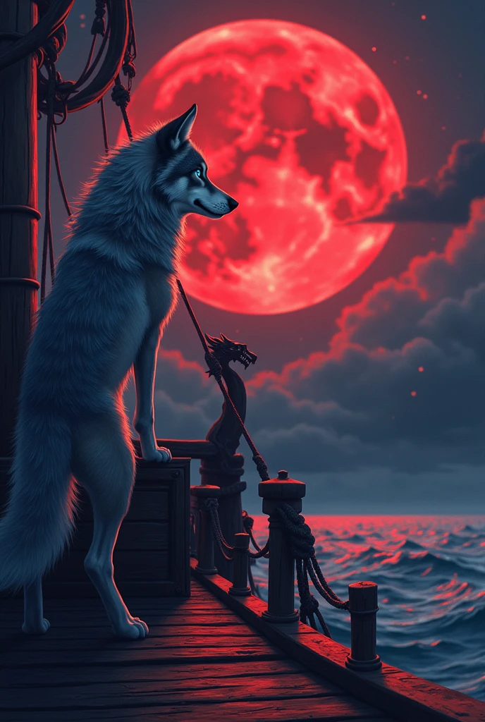 a wolf in anime style look at the red moon while he is on a pirate boat alone