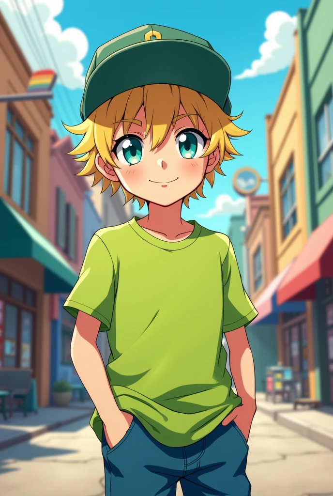Chico, short but handsome, her hair is blonde and straight, his eyes are turquoise, but more like teal, he wears a dark green cap, he also wears casual clothes but his shirt is lime green, He wears jeans. anime style.
