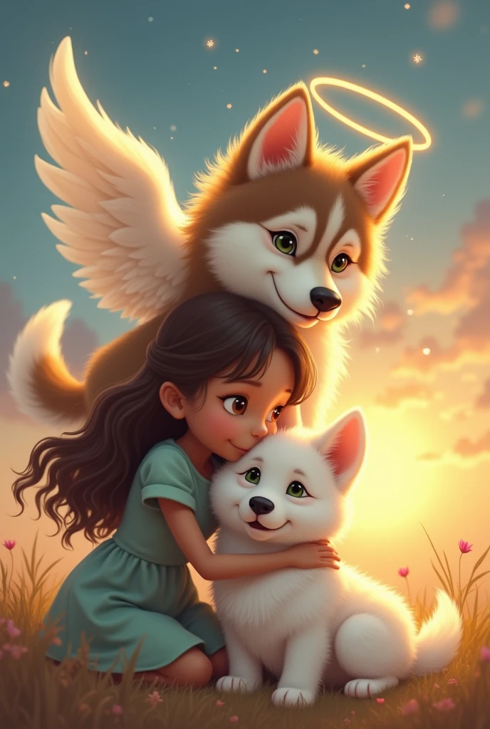 Make an image where a medium brown girl with long hair is hugging her white puppy with fluffy fur and her ears down.
above them will rest the death puppy of this girl, a puppy mix of husky but with brown tones and green eyes with angel wings and halo