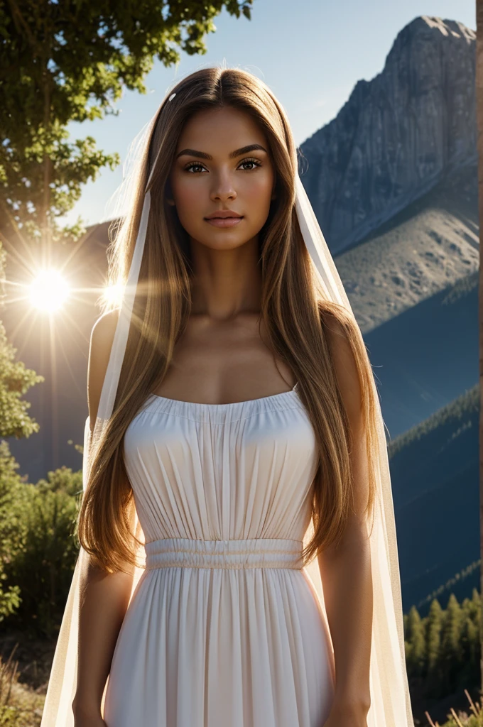 Photorealistic image of a woman with mixed race white European origin standing wearing a dark orange long dress covering her whole body and a pink veil covering her light brown eyes,Long straight hair in light brown and blonde with natural eyebrows, against a light blue background with sunlight shining down on a mountain with a blurry shadow of a man in the distance.