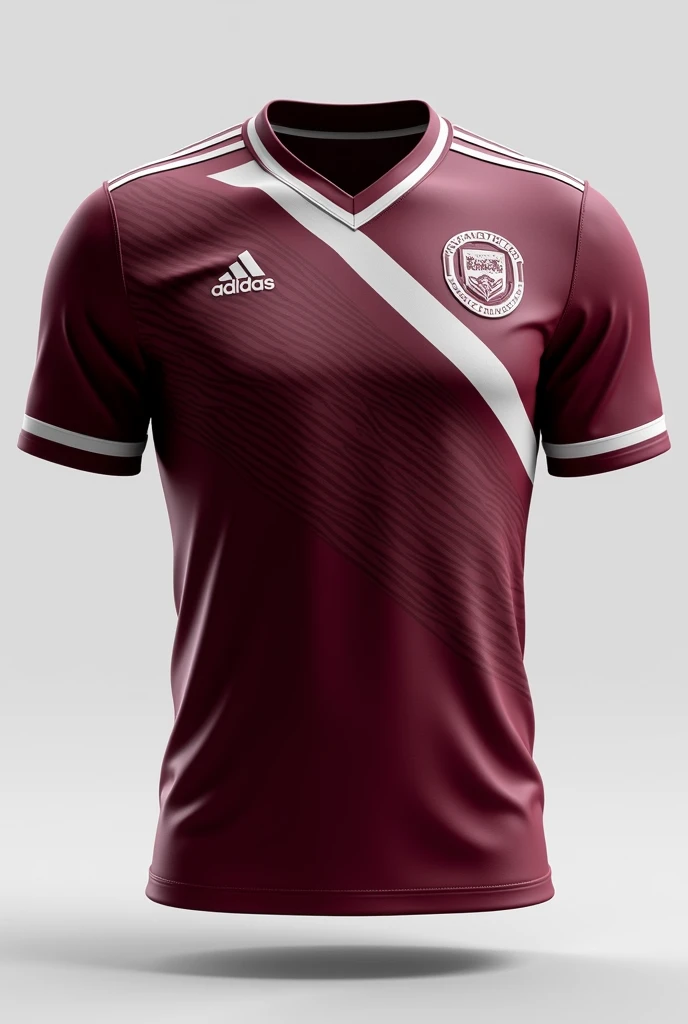 Sports jersey design for a football fan club, maroon with modern white stripes, no background. 

