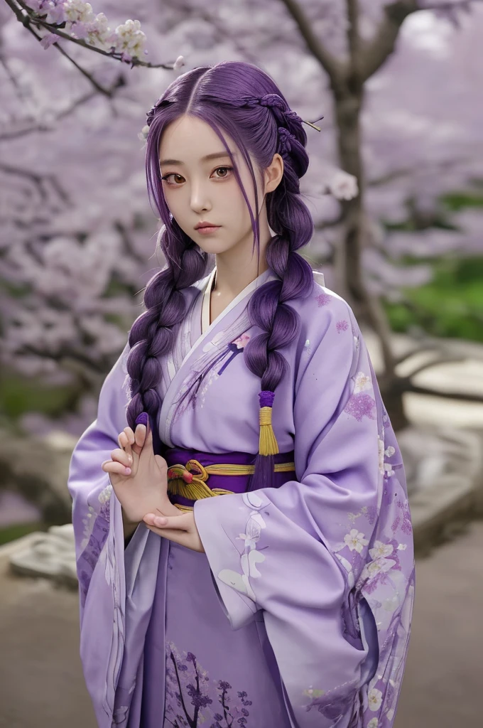masterpiece, Best quality, anime style, high detail, Young woman, high growth, long purple hair braided into a braid, a large hair clip, Chinese clothing similar to a yukata but more revealing, A naginata in hand, Long face, purple eyes, Sakura on the background