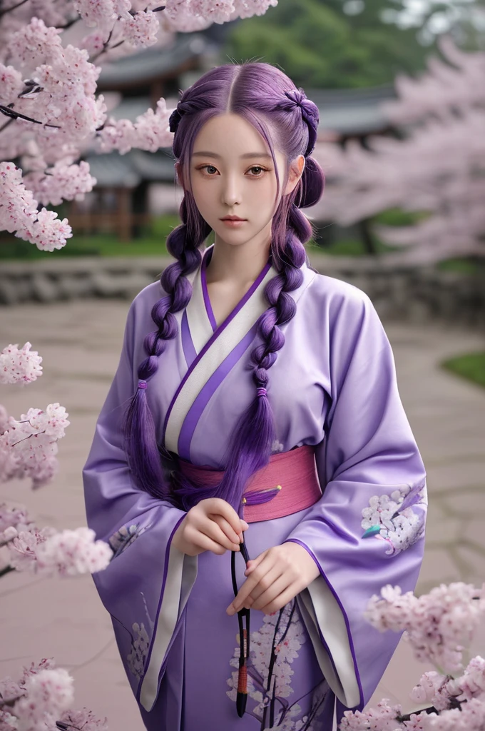 masterpiece, Best quality, anime style, high detail, Young woman, high growth, long purple hair braided into a braid, a large hair clip, Chinese clothing similar to a yukata but more revealing, A naginata in hand, Long face, purple eyes, Sakura on the background