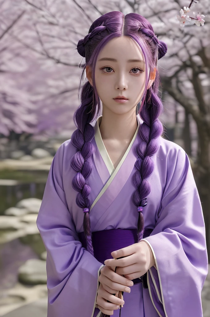masterpiece, Best quality, anime style, high detail, Young woman, high growth, long purple hair braided into a braid, a large hair clip, Chinese clothing similar to a yukata but more revealing, A naginata in hand, Long face, purple eyes, Sakura on the background