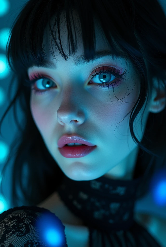 (Photorealism:1.1) goddess of the underworld, half-turn portrait, Close-up, Blue eyes, pale skin, Without makeup, black hair color, high detail portrait, high lace collar, neon lighting, without double exposure, Without flowers, European facial features