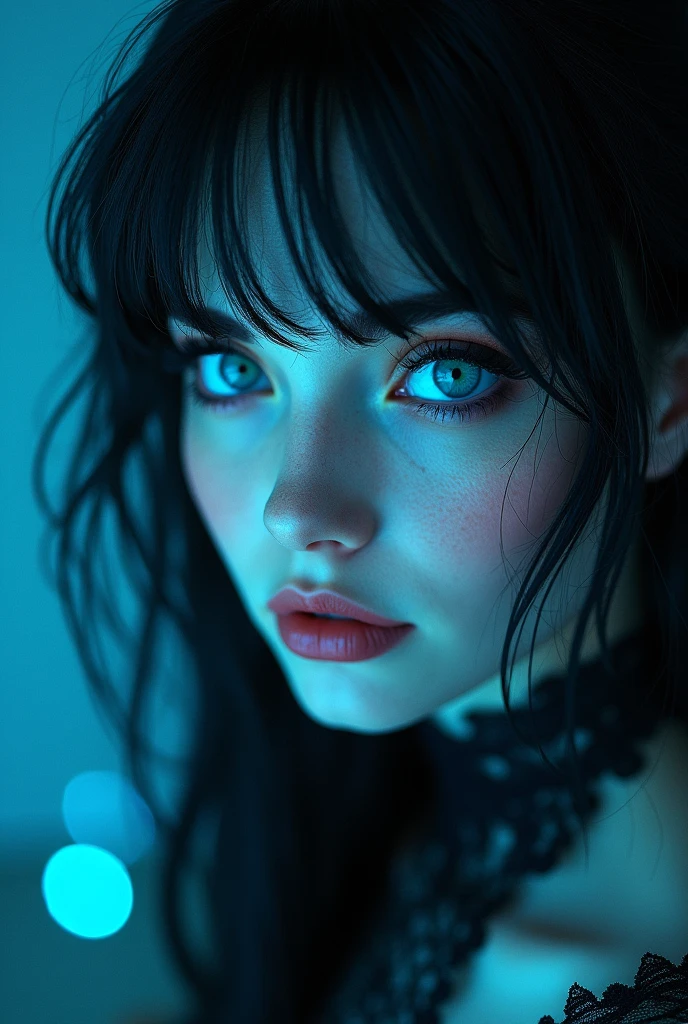 (Photorealism:1.1) goddess of the underworld, half-turn portrait, Close-up, Blue eyes, pale skin, Without makeup, black hair color, high detail portrait, high lace collar, neon lighting, without double exposure, Without flowers, European facial features