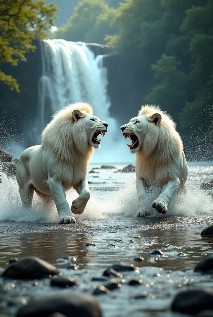 A dramatic riverbank with a waterfall in the background.Two a giant white lions, one standing upright like a warrior, the other in a more traditional stance.Intense and epic, with a sense of impending battle.The two lions circle each other, their growls growing louder, echoing through the valley. The tension is palpable, as if the very air is holding its breath.The two lions circle each other.
with a thunderous roar, WHITE LION 1 lunges forward, his massive paws sending up sprays of water as he charges across the shallow river. WHITE LION 2 meets him head-on, and the two titans collide with a force that shakes the ground.The fight is brutal and unrelenting, a primal dance of strength and survival. The lions’ roars mix with the sounds of the river, creating a symphony of nature’s raw power.Make a white lion 1 strong by winning a fight against other. Those 2 lion has to be standing and angry face 


