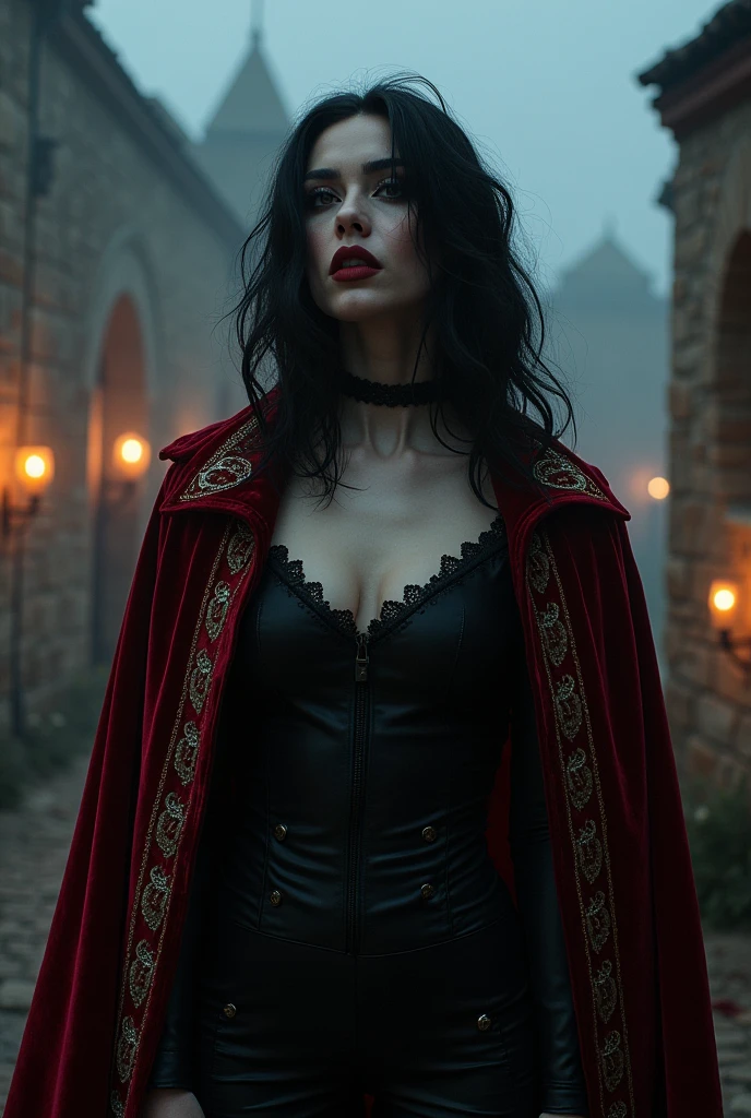 full body photo, Masterpiece, best quality, hyper realistic, photograph, (easily beautiful Scandinavian vampire woman with dark braided hair and pale skin), ((Serana from Skyrim)), perfect face, detailed facial features, looking back at viewer, seductive appearance, (highly detailed skin:1.2), realistic texture, elastic skin pores, (dressed in mini velvet red royal vampire robes: 1.2), athletic body, big ass0, standing in front of Volkihar castle, dark fantasy, ominous atmosphere, storm clouds top, cool color temperature, dim, (cinematic lighting), shallow depth of field, (Ultra fine skin detail: 1.2), glossy skin,
