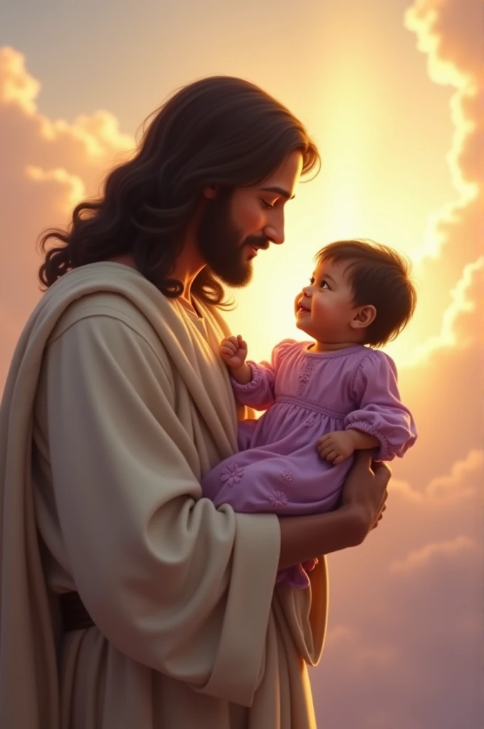 Jesus carrying my daughter who is four months old, has dark skin, has short black hair, is a little chubby and a little chubby, and is wearing a purple dress.