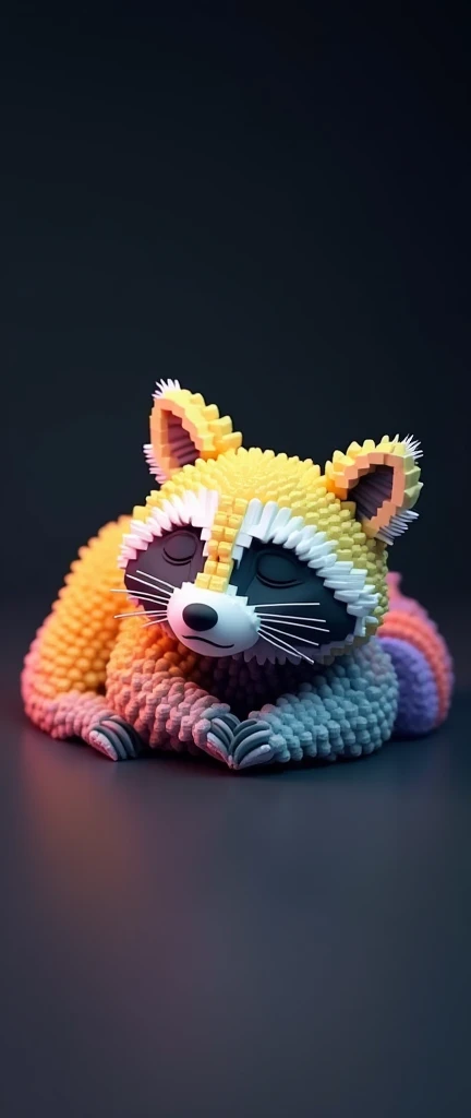 A stunning 3D render of a captivating, ultra-fluffy raccoon created from multicolored, block-like structures. The raccoon is lying on its side, eyes closed, and ears drooping, radiating a sense of serene relaxation. The blocks range from vibrant hues like yellow and orange to calming pastel shades of blue and purple. The predominantly white structure highlights the raccoon's body, face, and tail, emphasizing its adorable and cuddly characteristics. The dark background accentuates the vibrant colors and luminous essence of the raccoon, creating a conceptual art piece that is both whimsical and enchanting., conceptual art, 3d render, photo