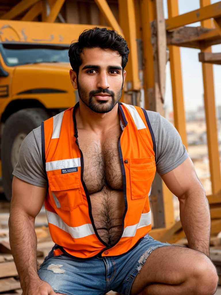 Arabian man, masterpiece, best quality, high resolution, closeup portrait, male focus, solo focus, 30 years old, with construction worker uniform, unbuttoned work clothes, construction worker, black hair, messy hairstyle, cute and seductive face, bare chest, body hair, facial hair, roman nose, very skinny body, hairy legs, dimples, beard, bold jawline , in the background a construction site, kneeling, sweaty, sunburnt, orange safety vest, attractive, view from below, amazing composition, front view, HDR, ultra quality, elegant, highly detailed