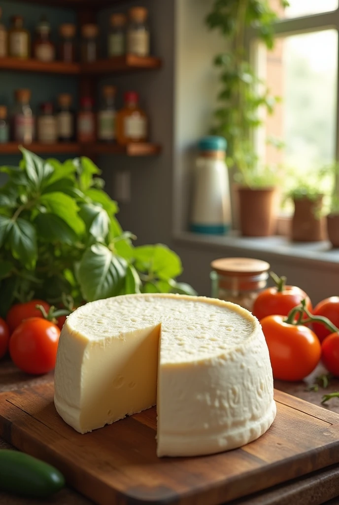 Generate an image of a fresh white cheese cut on a wooden board with a kitchen in the background
