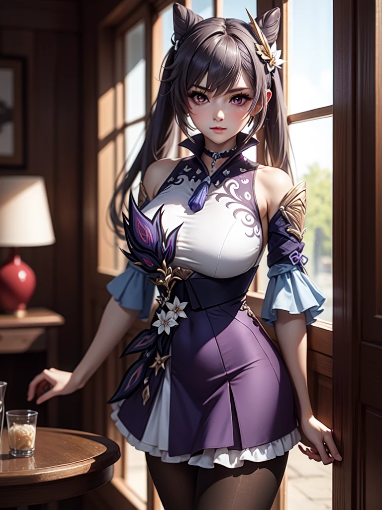 Masterpiece, ultra detail, high quality, 8k cg, huge breasts, keqingdef, blush, bright eyes, standing, indoors, slim body, narrow waist