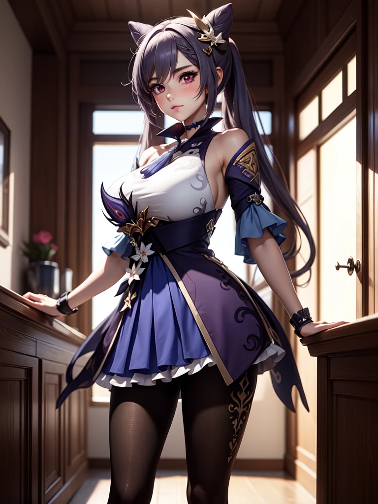 Masterpiece, ultra detail, high quality, 8k cg, huge breasts, keqingdef, blush, bright eyes, standing, indoors, slim body, narrow waist