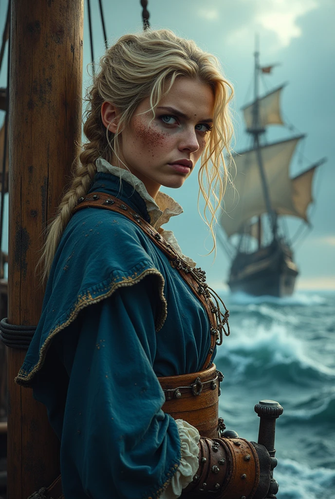 (Realistic:1.2), Grimy 24-year-old blonde pirate woman with weathered skin, sea-sprayed hair, and a salty gaze leaning against mast of. her storm-battered ship, a dagger by in her hand limp at her side, exhausted after another sea battle. The rough grey sea stretching out before her like an endless battlefield, waves crashing against the vessel's hull as dark, foreboding clouds gather on the horizon, an airship looming in the distance, its billowing sails tattered, the pirate's tunic a deep, rich blue with sea-worn whites and tawny leather accents, contrasting warm golden light on weathered wood and cold blue shadows, 8k hyper-real fantasy matte painting in the style of Simon Stalenhag, ZBrush textures and Unreal Engine 5, detailing reminiscent of Iain McCaig's concept art, loose brushstrokes echoing the rugged seascape my soulmate.
